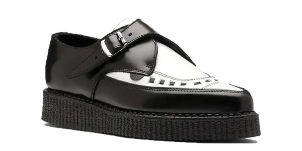 underground apollo buckle creeper black leather with a white leather front apron single sole