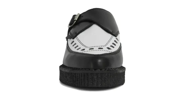 apollo buckle creeper from underground in black leather with a white leather front apron on a single sole