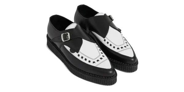 black leather with a white leather front apron single sole apollo buckle creeper by underground