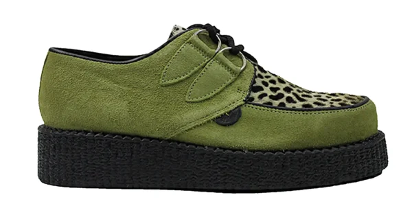 Green And Leopard Creeper single sole apple green suede with a black and white leopard print front apron underground wulfrun creeper