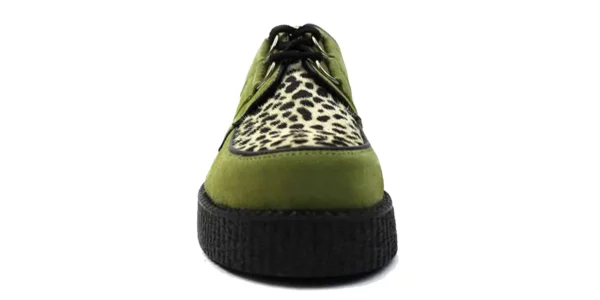 wulfrun creeper from underground in apple green suede with a black and white leopard print front apron on a single sole