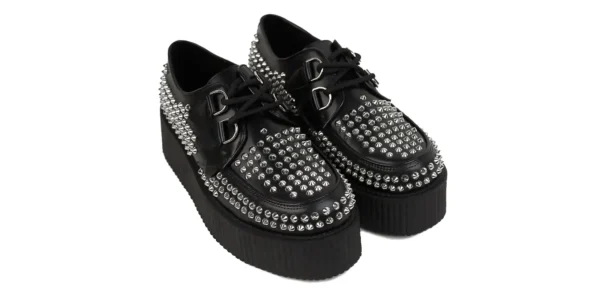 black leather with metal studs covering the shoe double sole wulfrun creeper shoe by underground