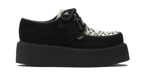 leopard print creepers double sole black suede with a black and white leopard print front apron underground wulfrun creeper