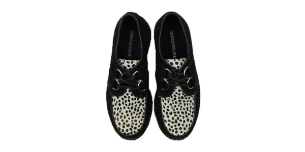 underground shoes wulfrun creeper in black suede with a black and white leopard print front apron