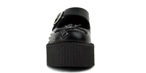 mary jane buckle creeper shoe from underground in black leather with a Dragon motiff design on a double sole