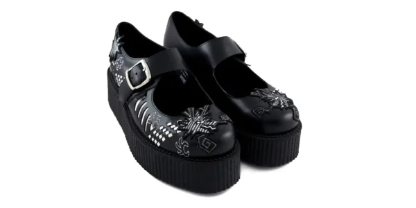 black leather with a Dragon motiff design double sole mary jane buckle creeper shoe by underground