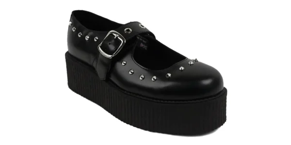 underground mary jane buckle creeper shoe black leather with silver eyelets and studs double sole