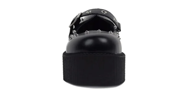 mary jane buckle creeper shoe from underground in black leather with silver eyelets and studs on a double sole