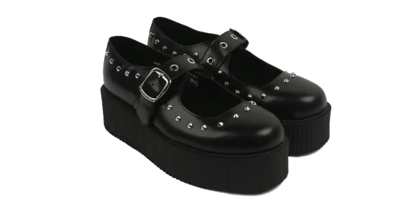 black leather with silver eyelets and studs double sole mary jane buckle creeper shoe by underground