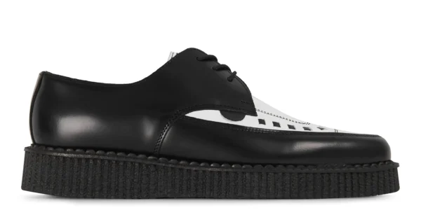 Black and White Leather Creeper Shoes single sole black leather with a white leather front apron underground barfly lace creeper