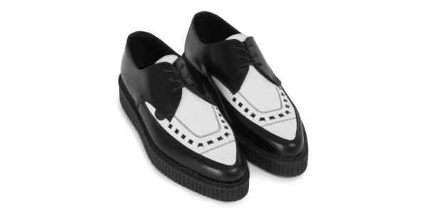 black leather with a white leather front apron single sole barfly lace creeper by underground