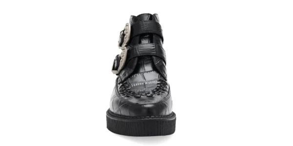 wulfrun high ankle creeper boot from underground in black crocodile embossed leather with western style buckles