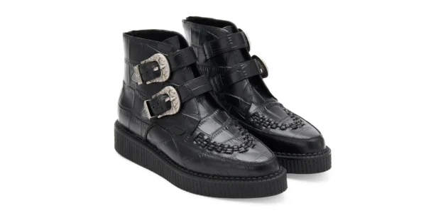 black crocodile embossed leather with western style buckles wulfrun high ankle creeper boot by underground