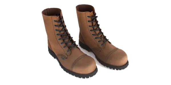 tan aztec leather single sole stormer 8 eyelet steel toe cap shoe by underground