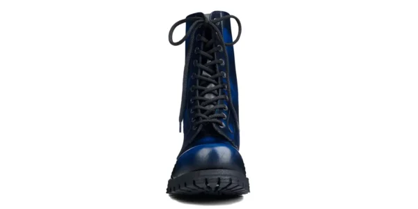 commando 10 eyelet steel toe cap shoe from underground in navy rub off leather on a single sole