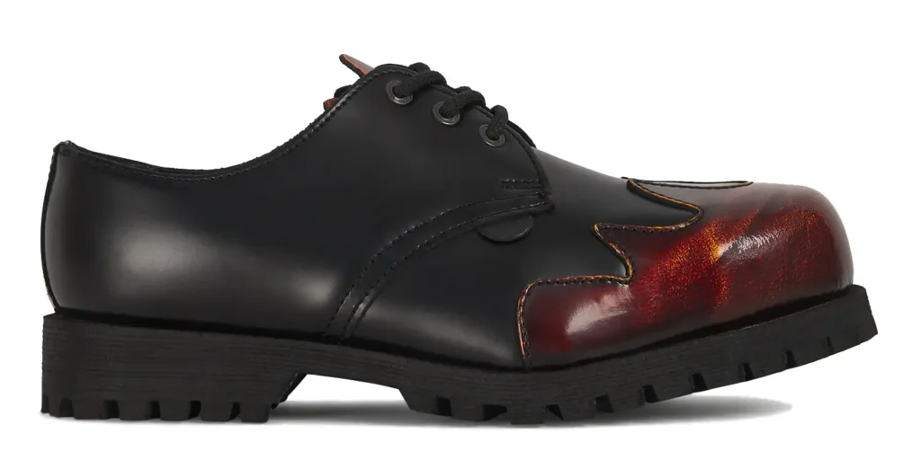 single sole black leather with a burnt orange flame design toe cap underground tracker steel toe cap shoe