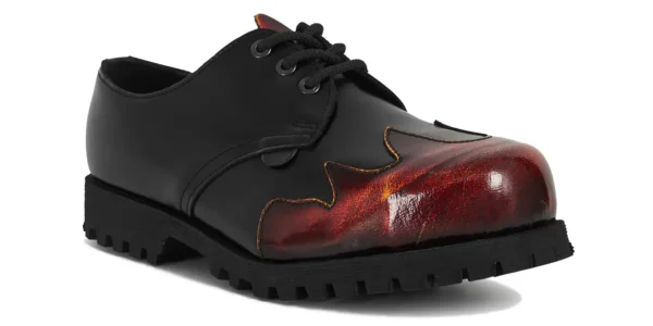 underground tracker steel toe cap shoe black leather with a burnt orange flame design toe cap single sole