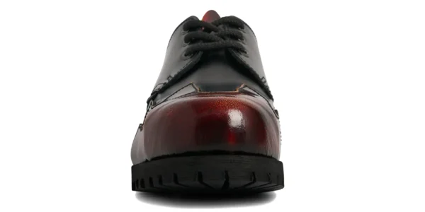 tracker steel toe cap shoe from underground in black leather with a burnt orange flame design toe cap on a single sole