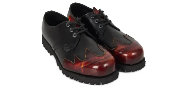 black leather with a burnt orange flame design toe cap single sole tracker steel toe cap shoe by underground