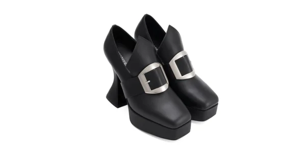 Gothic inspired pilgrim buckle Platform shoe in black leather otranto platform by underground