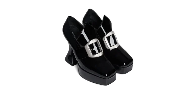 Gothic inspired pilgrim buckle Platform shoe in black patent leather otranto platform by underground