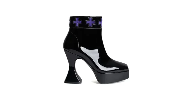 BOOTS GOTHIC Black patent leather with purple velvet cross pattern plartform boot with Gothic inspired heel and zipper underground original otranto platfrom