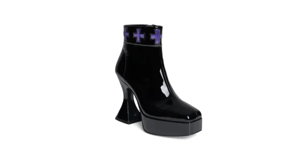 underground original otranto platfrom gothic inspired platform boot in black patent leather with purple velvet cross pattern and zipper