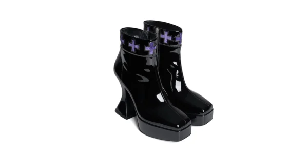 Gothic inspired zipper Platform boot in black leather with purple velvet cross pattern otranto platform by underground