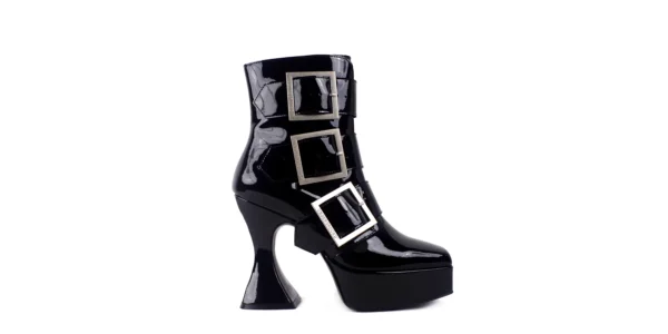 BLACK GOTH BOOTS Black patent leather Plartform boot with Gothic inspired heel and three large square buckles underground original otranto platfrom