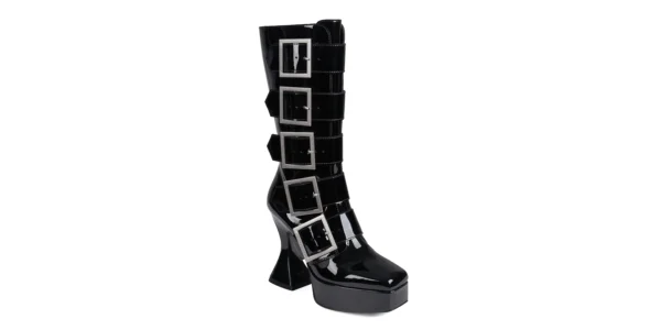 underground original otranto platfrom gothic inspired Platform boot in black patent leather with five large square buckles