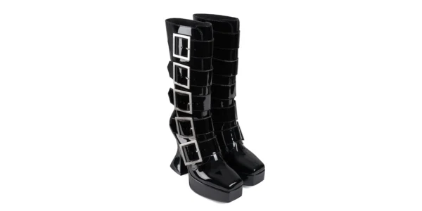 Gothic inspired square buckles Platform boot in black patent leather otranto platform by underground