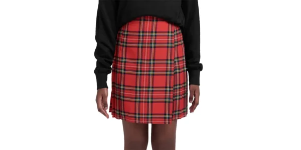 Red Stewart tartan pleated skirt in midi length