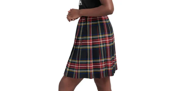 Pleated Black Stewart tartan skirt in midi length