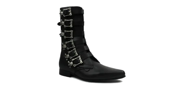 underground winklepicker Bogart boot black leather with six skull style buckles