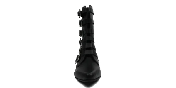 winklepicker Bogart boot from underground in black leather with six skull style buckles