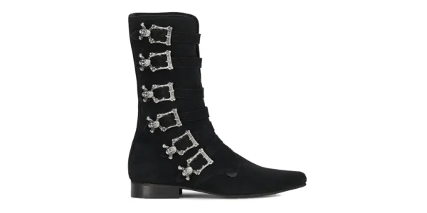 SKULL BUCKLE BOOTS black suede with six skull style buckles underground winklepicker Bogart boot