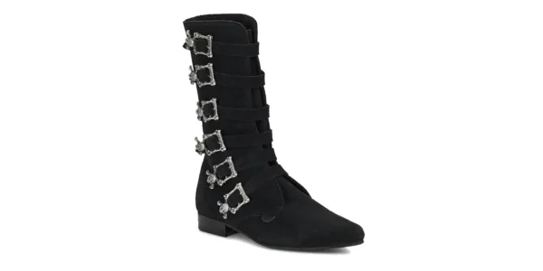 underground winklepicker Bogart boot black suede with six skull style buckles