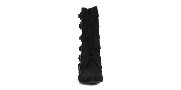 winklepicker Bogart boot from underground in black suede with six skull style buckles