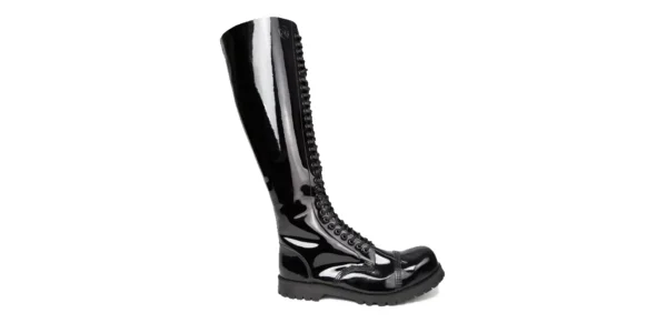 black patent 30 eyelet steel cap boot