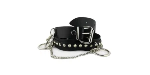 BELT - BLACK LEATHER - CONICAL STUD & CHAIN