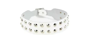 NECKBAND – WHITE LEATHER – 2 ROW NICKEL CONE SPIKE & CONICAL STUDS