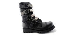 COMMANDO -10 EYELET STEEL CAP BOOT – BLACK LEATHER & PYRAMID STUDS – SINGLE SOLE